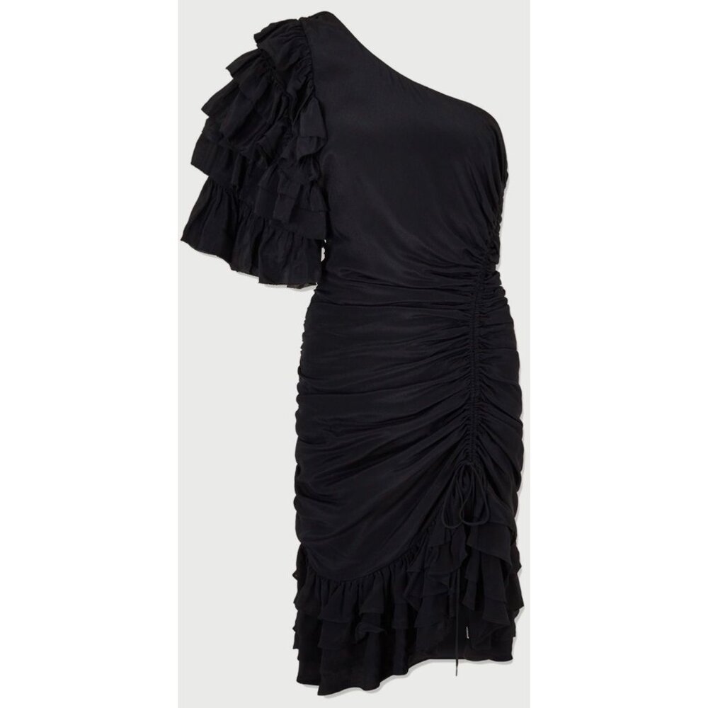 Magali Pascal Desa Black One-Shoulder Ruched Ruffle Adjustable Mini Dress Small - Picture 7 of 8